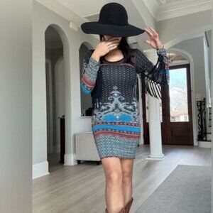 Sky Aztec Rodeo Fringed Sleeves Bodycon Dress